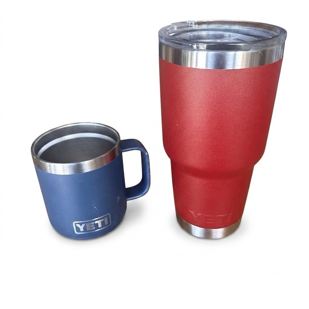 YETI Rambler 28 oz. Stainless Steel Tumbler Travel Red + 14 oz.‎ Blue Mug ~1 LID